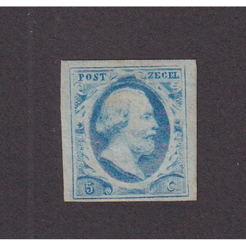 (HK1000) NETHERLANDS · 1852: unplated mint imperf 5c light blue Willem III Scott #1a with four close to large margins · a couple of v.minor shallow gum thins o/wise condition is excellent front and verso · c.v. US$450 (2 images)