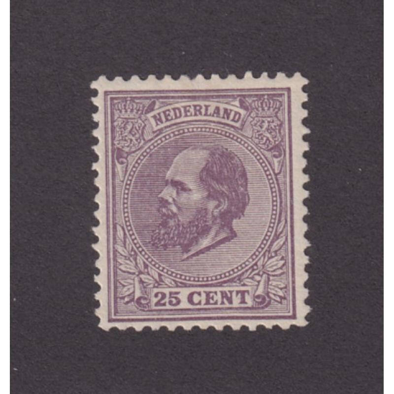 (HK1005) NETHERLANDS · 1872: fresh mint 25c dull violet Willem III (perf.12½) Scott #30 · clean hinge remnant · c.v. US$525 (2 images)