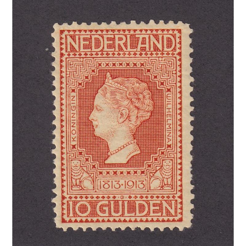 (HK1009) NETHERLANDS · 1913: fresh MLH 10g red on straw Queen Wilhelmena from Centenary commem issue Scott #101 · a fine example in all respects · c.v. US$800 (2 images)