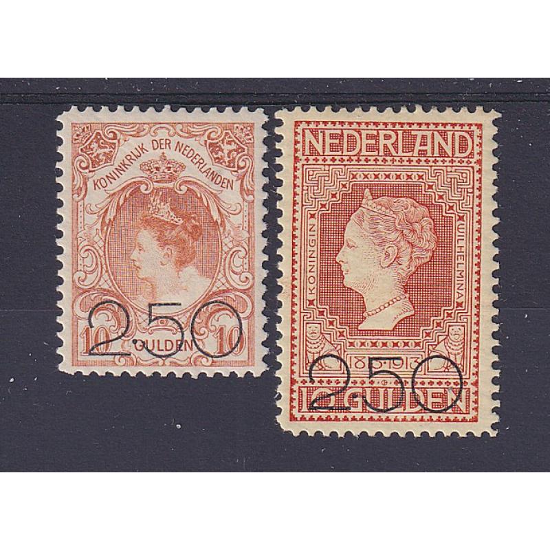 (HK1013) NETHERLANDS · 1920: mint 2.50g on 10g surcharges Scott #104/05 · larger stamp has a hinge thin / smaller stamp is fine MLH · total c.v. US$205 (2 images)