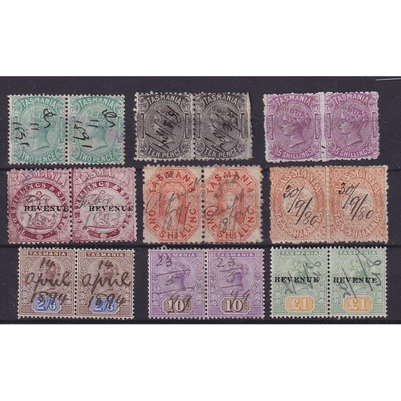 (HS1501) TASMANIA · stockcard housing a selection of used revenues to £1 and fiscally used stamps to 10/- all as horiz. pairs · any imperfections are very minor (9 items · 18 stamps)