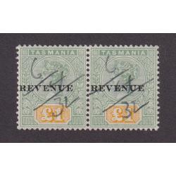 (HS1502) TASMANIA · 1900/44: fiscally used pair of £1 green & yellow QV Keyplate issue optd REVENUE Craig 7.70 in excellent condition · total Elsmore online c.v. AU$70 (2 images)