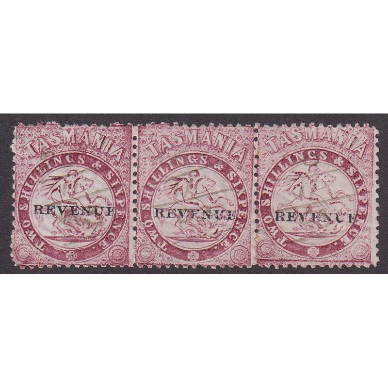 (HS1503) TASMANIA · fiscally used strip of 3x 2/6d carmine St. George & Dragon optd REVENUE perf.11.75 Craig 7.32b · excellent condition · total Elsmore online c.v. AU$30 (2 images)AU$90 (2 images)