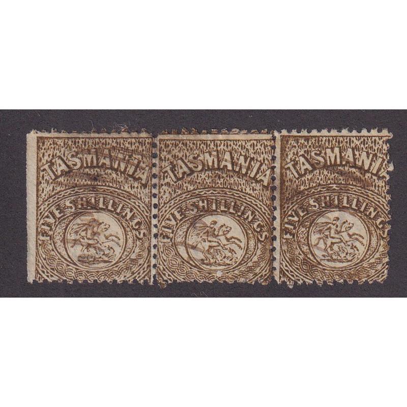 (HS1504) TASMANIA · fiscally used strip of 3x 5/- brown St. George & Dragon revenue perf.11.75-12 Craig 7.9b · marginal stamp at left · stain on back not visible from front · total Elsmore online c.v. AU$90 (2 images)