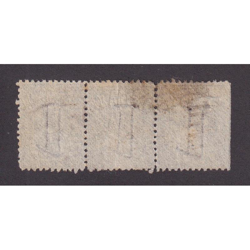 (HS1504) TASMANIA · fiscally used strip of 3x 5/- brown St. George & Dragon revenue perf.11.75-12 Craig 7.9b · marginal stamp at left · stain on back not visible from front · total Elsmore online c.v. AU$90 (2 images)