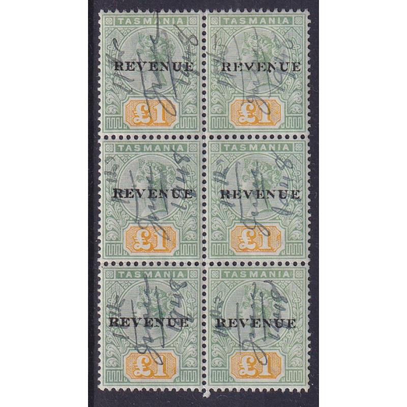 (HS1505) TASMANIA · 1900/44: used block of 6x £1 green & yellow QV Keyplate issue overprinted REVENUE Craig 7.70 · nice condition · total Elsmore online c.v. AU$210 · nice item (2 images)