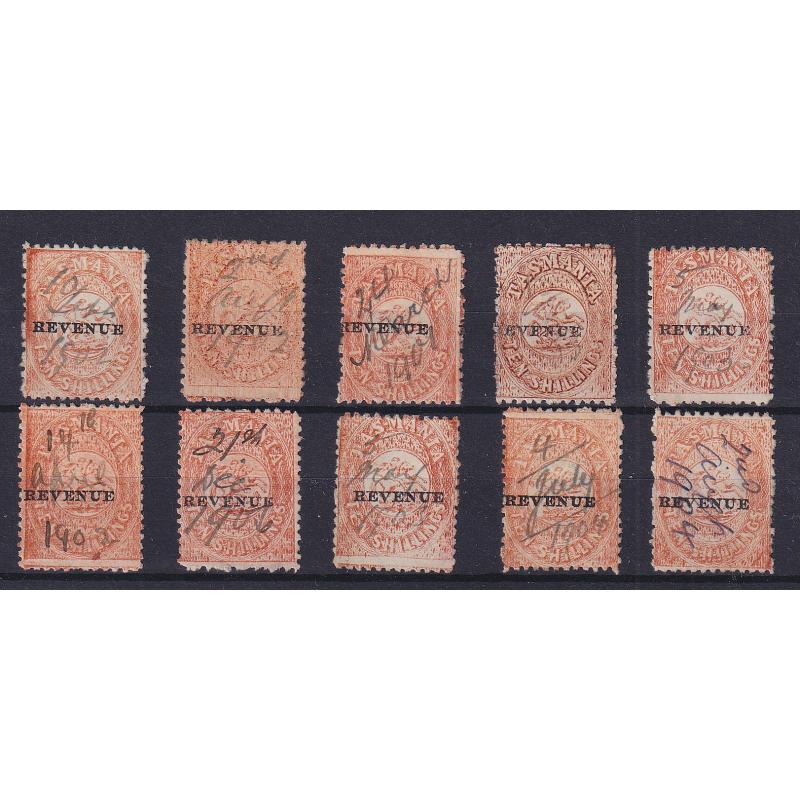 (HS1508) TASMANIA · 1901: 10x used 10/- orange, salmon or orange-brown St George & Dragon optd REVENUE (TAS wmk · perf.11.75) Craig 7.34 · any imperfections are quite minor · total Elsmore online c.v. AU$450 (10)