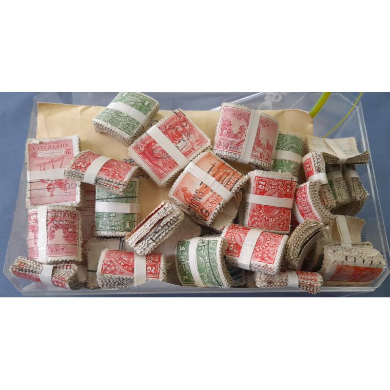 (HS1513B) AUSTRALIA · chocolate box well-filled with used on & off paper stamps · mostly letter-rate KGV defins in bundles of approx. 50 · noted a few earlier G.B. oddments · mixed condition (2 images)