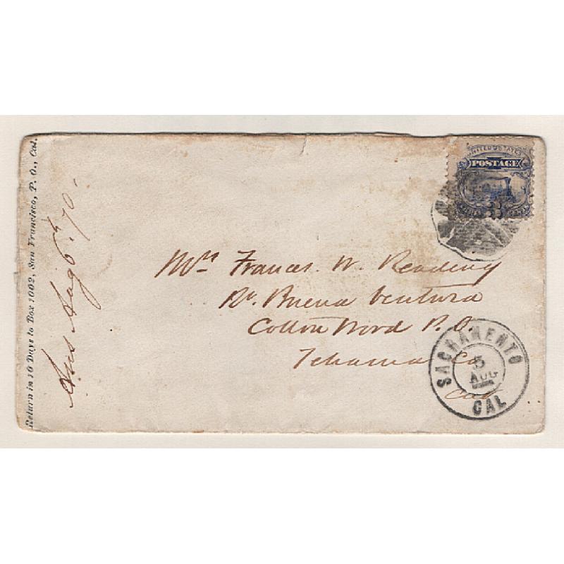 (JB15110) UNITED STATES · 1870: small cover with single faulty  3c Locomotive franking Scott #114 · cork and Sacramento cancels · "on cover" c.v. US$25 · $5 STARTER!!