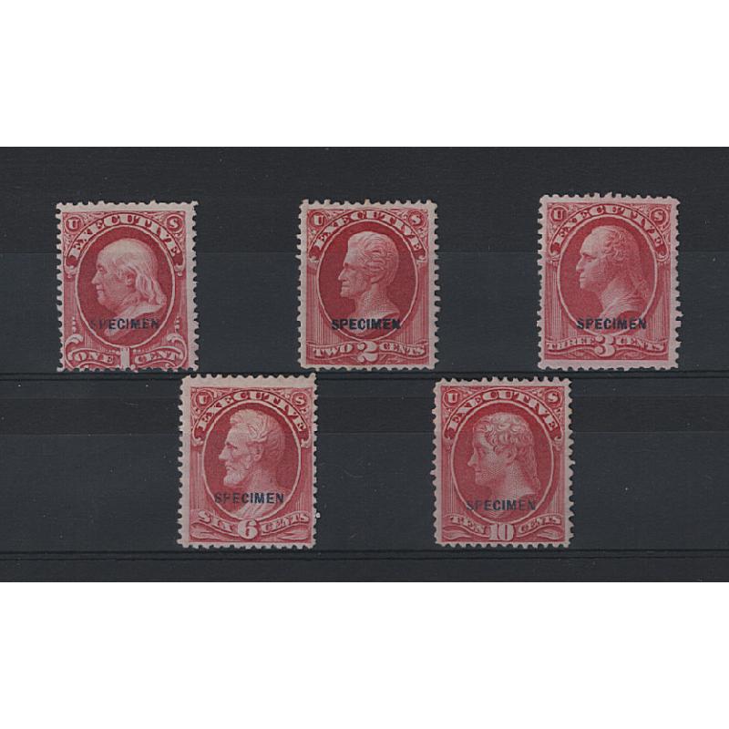 (JB15112) UNITED STATES · 1873: Executive official to 10c optd SPECIMEN Scott #O10s/O14s · without gum as issued · overall nice appearance · c.v. US$290 (2 images)