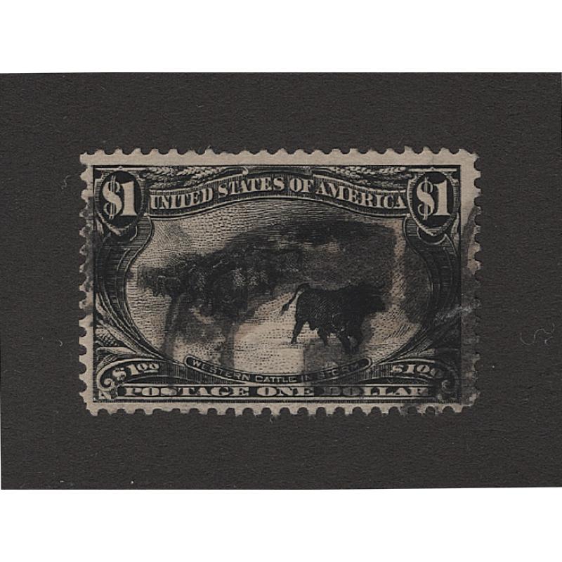 (JB15124) UNITED STATES · 1898: soundly used $1 black Trans-Mississippi commemorative Scott #292 with a heavy parcel cancel · c.v. US$725 (2 images)