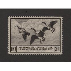 (JB15129) UNITED STATES · 1936: mint  $1 brown-black Migratory Bird Hunting Stamp Scott RW3 · corner gum bend and tiny thin but fine appearance from the money side · c.v. US$160 (2 images)