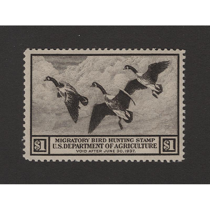 (JB15129) UNITED STATES · 1936: mint  $1 brown-black Migratory Bird Hunting Stamp Scott RW3 · corner gum bend and tiny thin but fine appearance from the money side · c.v. US$160 (2 images)