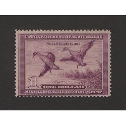 (JB15130) UNITED STATES · 1938: mint  $1 light violet Migratory Bird Hunting Stamp Scott RW5 · creased at base with a gun thin but the appearance from the money side is fine · c.v. US$190 (2 images)