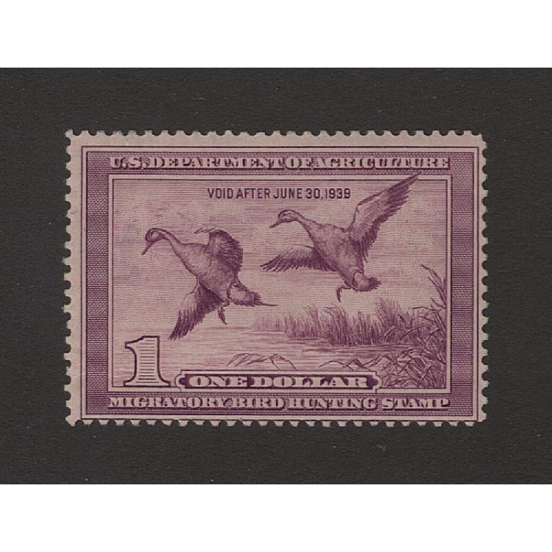 (JB15130) UNITED STATES · 1938: mint  $1 light violet Migratory Bird Hunting Stamp Scott RW5 · creased at base with a gun thin but the appearance from the money side is fine · c.v. US$190 (2 images)