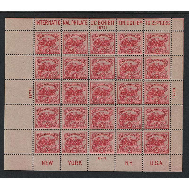 (JB15133L) UNITED STATES · 1926: MNH/MLH 2c carmine-rose Battle of White Plains pane of 25 with optd selvedge for International Philatelic Exhibition, New York Scott #630 · see full description · c.v. US$350 (2 images)