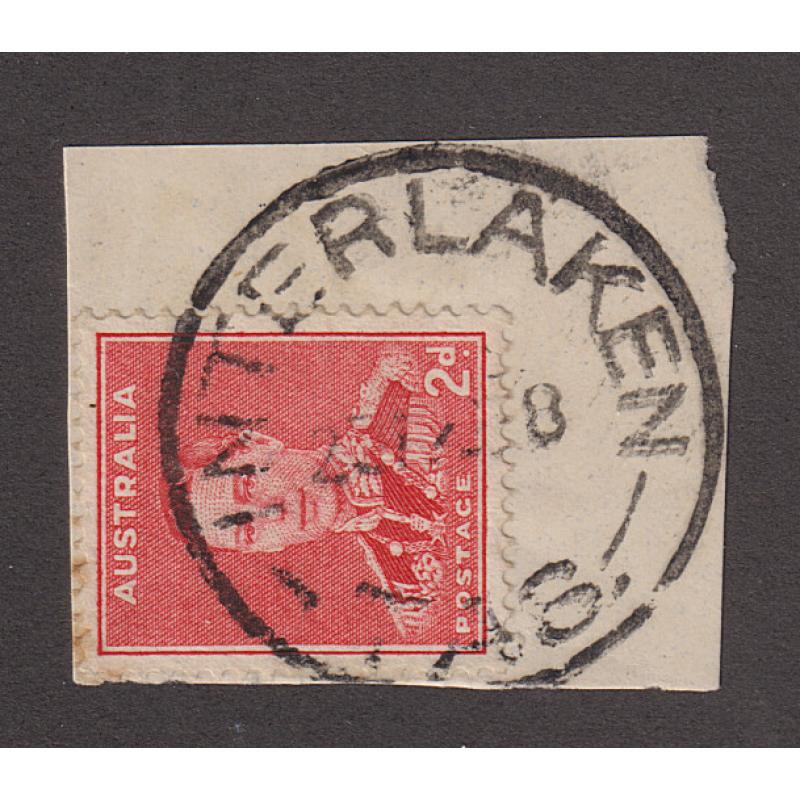 (JB1627) TASMANIA ·  1938: a clear and nearly complete strike of the INTERLAKEN Type 4a cds on piece · postmark is rated R