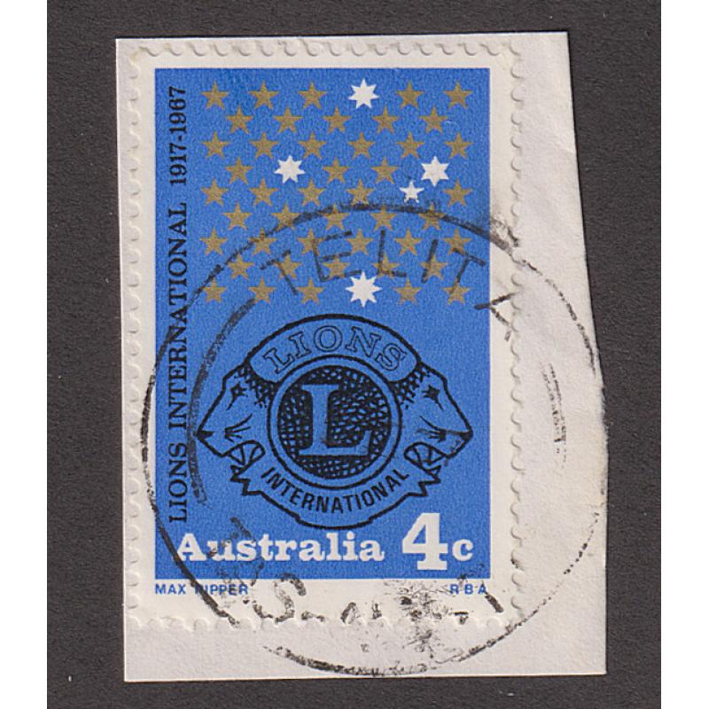 (JB1631) TASMANIA ·  1967: a light but obvious and nearly complete example of the TELITA Type 5s cds on piece · postmark is rated 3R