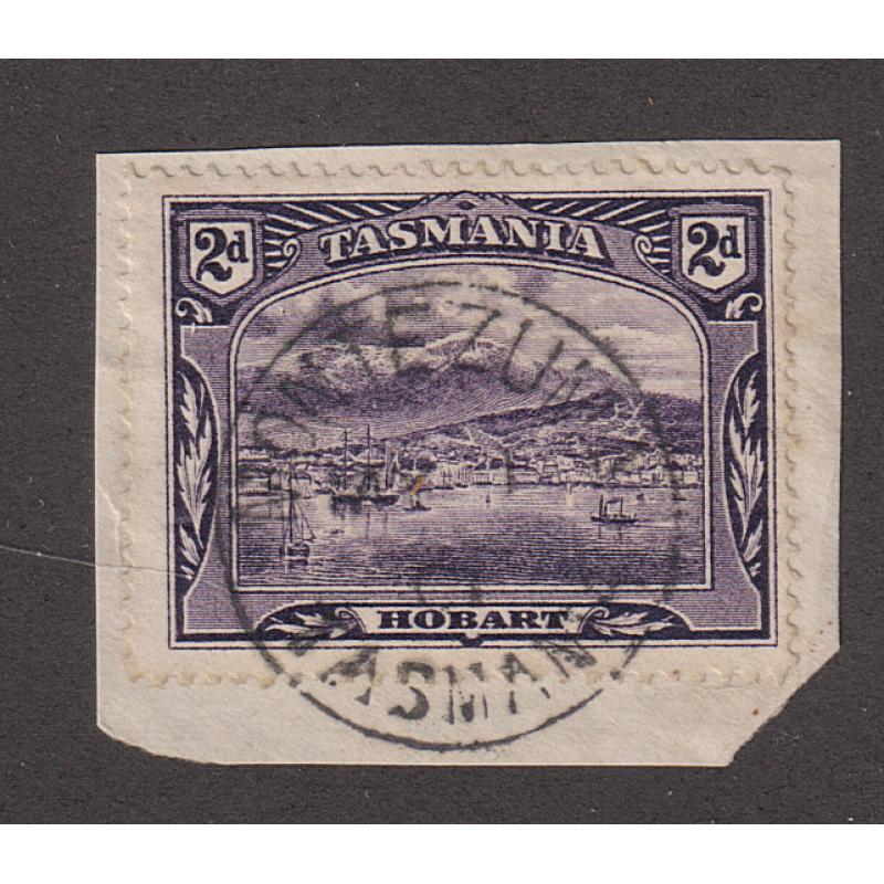 (JB1642) TASMANIA · 1901: a full strike of the MONTEZUMA Type 1 cds ties a 2d Pictorial to a neat envelope clipping · postmark is rated RR-(10)