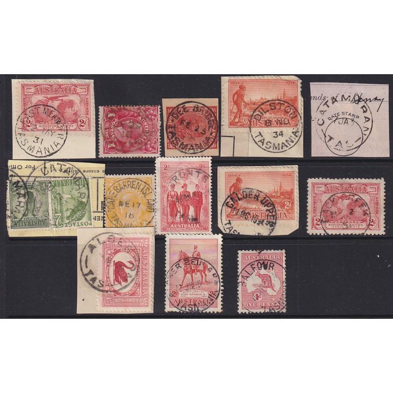 (JB1650) TASMANIA ·  a Baker's Dozen of selected postmarks including some "rated" · EAST MEANDER, DEE BRIDGE, CATAMARAN (2), CALDER UPPER, LOWER BEULAH etc. (13)