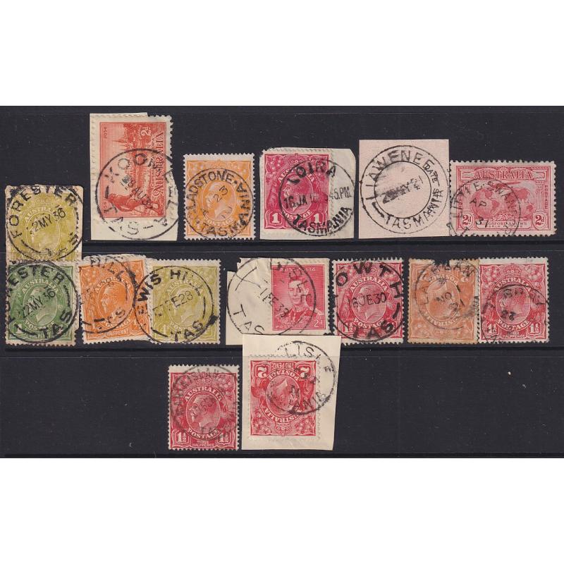 (JB1651) TASMANIA ·  a Baker's Dozen of selected postmarks including some scarcer items · FORESTER, LOIRA, LIAWENEE, LISLE, LEWIS HILL, MARIA ISLAND, etc. (13)