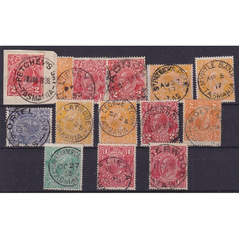 (JB1652) TASMANIA ·  a Baker's Dozen of selected postmarks all on KGV definitives including some scarcer items · PETCHEYS BAY, RADNOR, ST PATRICKS RIVER, MYRTLE BANK, ORIELTON, LIENA, etc. (13)