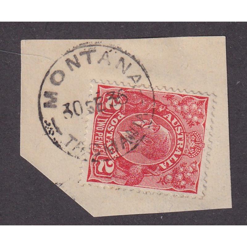 (JB1658) TASMANIA · 1935: a full strike of the MONTANA Type 2b cds ties a 2d KGV defin to piece · rated R · examples of this quality are very scarce