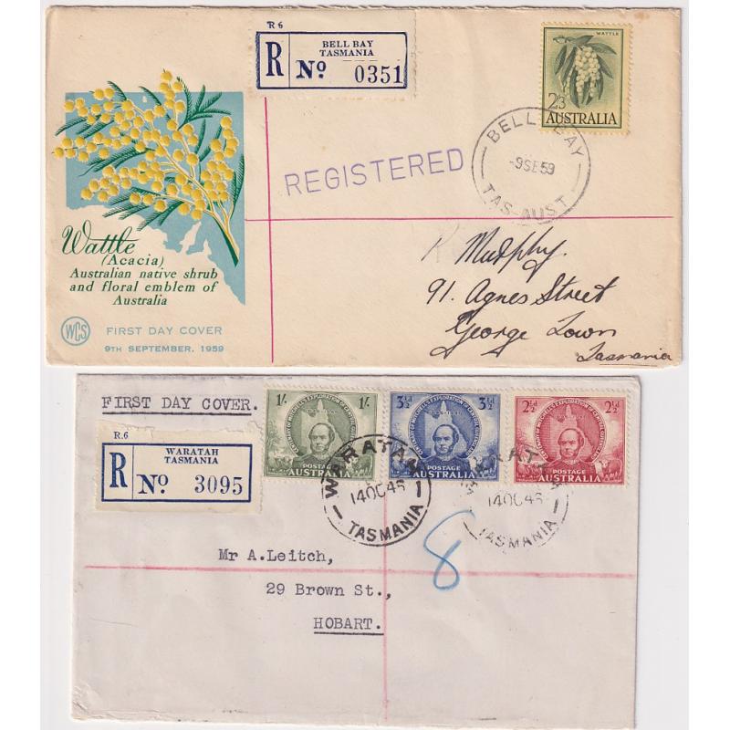 (JB1660) TASMANIA · 1945/58: four registered cover mailed from BIRRALEE, BELL BAY, DROMEDARY and WARATAH · any imperfections are minor · range of clear b/stamps "document" the journeys (4 images)