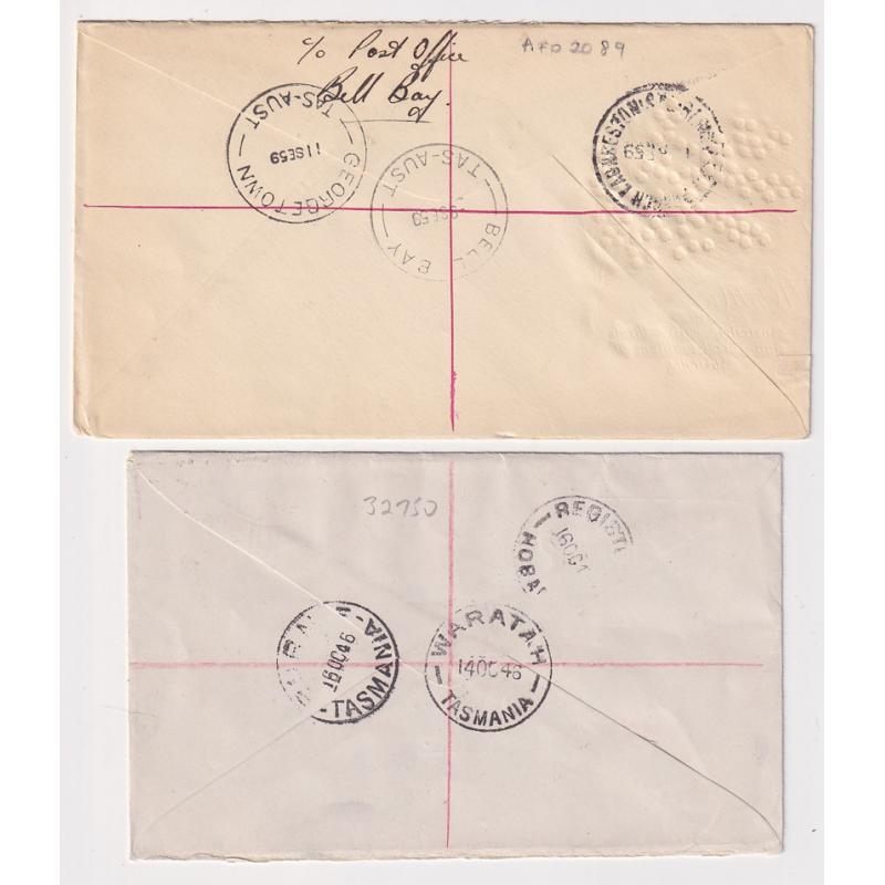 (JB1660) TASMANIA · 1945/58: four registered cover mailed from BIRRALEE, BELL BAY, DROMEDARY and WARATAH · any imperfections are minor · range of clear b/stamps "document" the journeys (4 images)