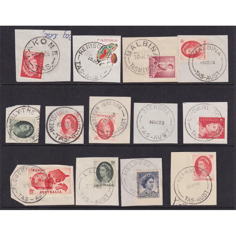 (JB1663) TASMANIA ·  a Baker's Dozen of selected postmarks from the early QEII era including scarcer items · TAKONE, MALBINE (2), MENGHA, WILTSHIRE JUNCTION, WEYMOUTH, etc. (13)