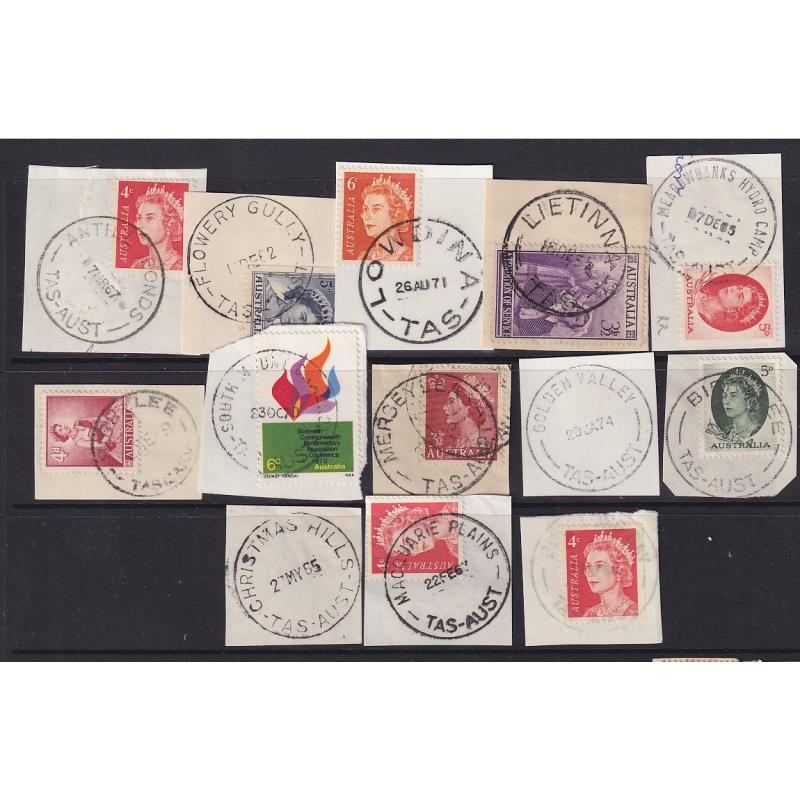 (JB1664) TASMANIA ·  a Baker's Dozen of selected postmarks, mainly from the early QEII era including scarcer items · GOLDEN VALLEY, CHRISTMAS HILLS, BIRRALEE (2), FLOWERY GULLY, LOWDINA, etc. (13)