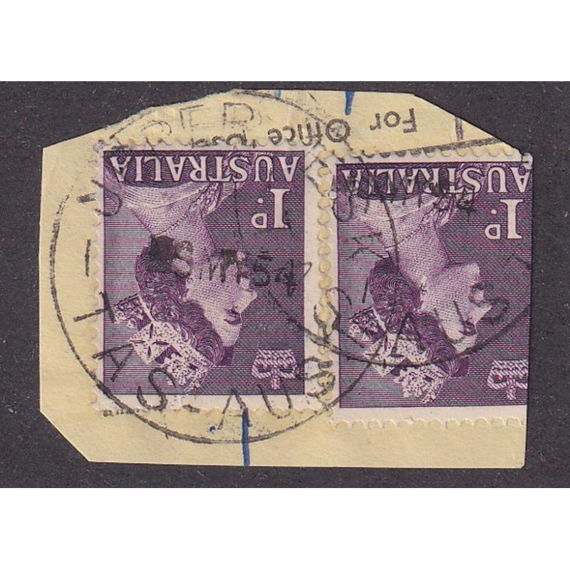 (JB1666) TASMANIA · 1954: a light but nearly complete, obvious impression of the UPPER ESK Type 5(ii) cds on a telegram clipping · postmark is rated 3R