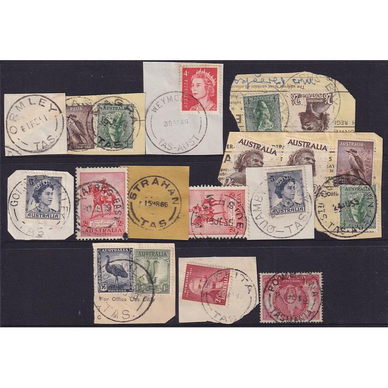 (JB1668) TASMANIA ·  a Baker's Dozen of selected postmarks, mainly from the KGVI/early QEII era including scarcer items · POWRANNA, WEYMOUTH, ORMLEY, RALPH'S BAY, STH QUEENSTOWN, TELITA,, etc. (13)