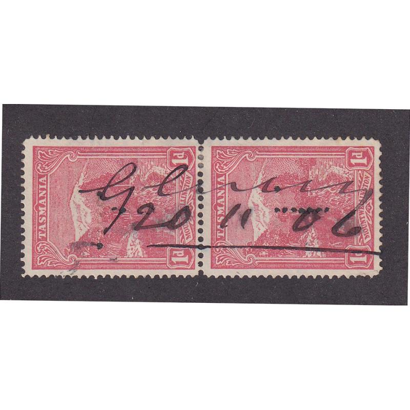 (JB1670) TASMANIA ·  1906 (Nov 11th): a complete GLENGARRY manuscript cancel on a pair of 1d Pictorials perf T dated "20  11  06" · postmark is rated 4R by Hardinge