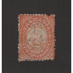 (JC1500) TASMANIA · 1860s/80: 10/- orange St George & Dragon perf.12 SG F16 · pulled perf o/wise nice condition · fiscal cancel probably removed and the stamp re-gummed so offered "as is" · c.v. £550 (2 images)