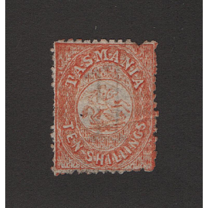 (JC1500) TASMANIA · 1860s/80: 10/- orange St George & Dragon perf.12 SG F16 · pulled perf o/wise nice condition · fiscal cancel probably removed and the stamp re-gummed so offered "as is" · c.v. £550 (2 images)