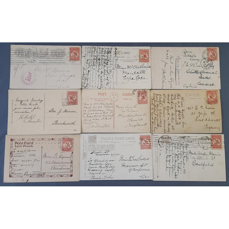 (KB1050L) AUSTRALIA · 1913/14: bundle of 29 postcards of Australian and Worldwide origin all bearing 1d Roo franking · clean lot in excellent condition · a couple of minor varieties noted · postmark interest possible (3 images)