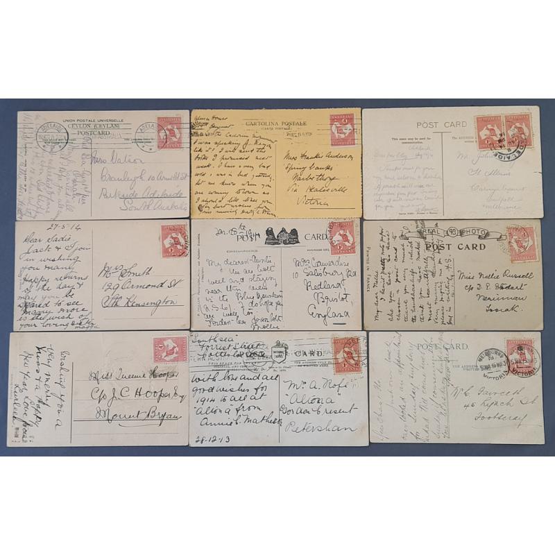 (KB1050L) AUSTRALIA · 1913/14: bundle of 29 postcards of Australian and Worldwide origin all bearing 1d Roo franking · clean lot in excellent condition · a couple of minor varieties noted · postmark interest possible (3 images)