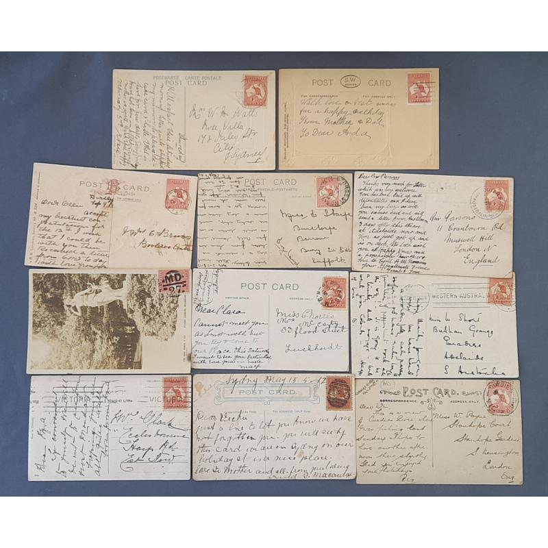 (KB1050L) AUSTRALIA · 1913/14: bundle of 29 postcards of Australian and Worldwide origin all bearing 1d Roo franking · clean lot in excellent condition · a couple of minor varieties noted · postmark interest possible (3 images)