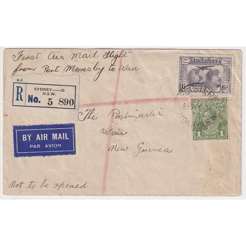 (KB1058) AUSTRALIA ·  NEW GUINEA 1933: registered cover mailed at Sydney addressed to WAU · first carried by sea to Port Moresby and then flown to  destination by Guinea Airways AAMC #296b · condition as per largest image · c.v. AU$175