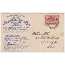 (KB1059) AUSTRALIA · 1934 (Dec. 4th): QLD Air Mail Society souvenir cover flown on the 1st Australian Rocket Mail flight from S.S. "Canonbar" AAMC R1 · vignette on verso · some imperfections · c.v. AU$100