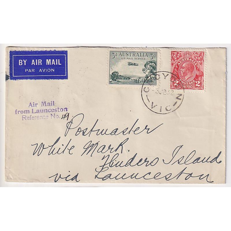 (KB1060) AUSTRALIA · 1932: air mail cover to Whitemark, Flinders Island via Launceston flown on the twice-weekly service AAMC #267 · arrival b/s · Launceston air mail reference h/stamp · c.v. AU$60