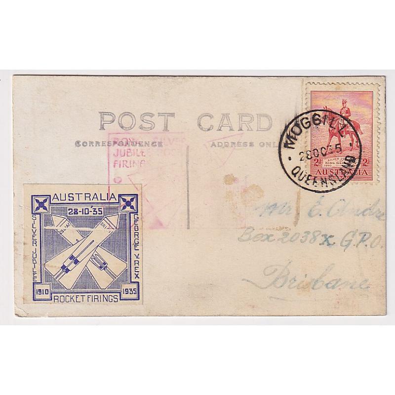 (KB1064) AUSTRALIA · 1935 (Oct 28th): real photo PPC with image of the rocket "Zodiac" on which the item was flown to celebrate the KGV Silver Jubilee · vignette affixed · address side has issues but the view side is excellent · c.v. AU$300