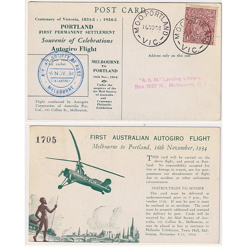 (KB1066) AUSTRALIA · 1934 (Nov 16th): souvenir cacheted card carried on autogiro flight from Melbourne to Portland (VIC) AAMC #461 · numbered '1705' · excellent condition front/back · c.v. AU$75