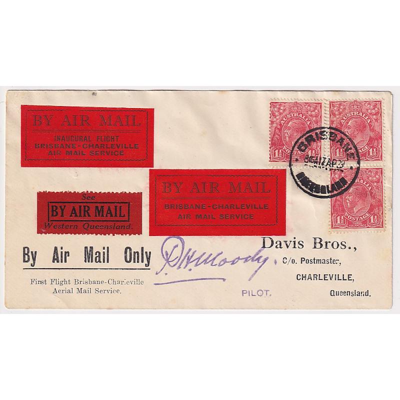 (KB1071) AUSTRALIA · 1929: "Davis Bros'" cover carried on the 1st Briisbane/Charleville air mail flight by QANTAS AAMC #132 · several peripheral 'spots' / flap stuck inside however the cover is quite displayable · c.v. AU$50