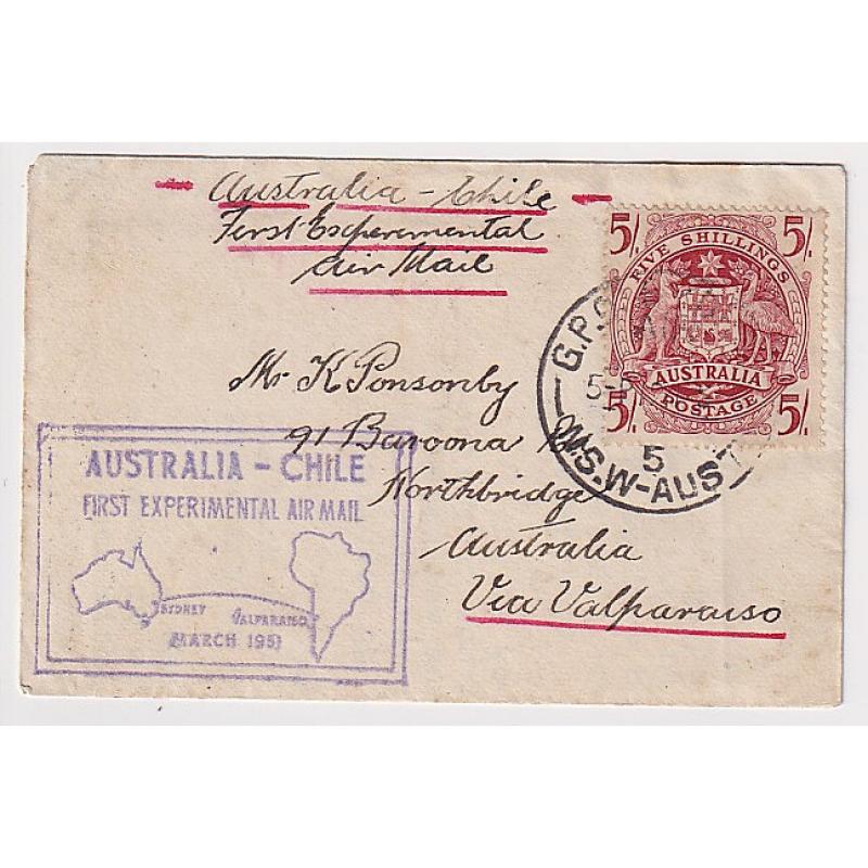 (KB1072) AUSTRALIA · 1951: very small cacheted cover carried on the 1st Experimental Air Mail Flight to CHILE AAMC #1269 · some light soiling mainly on verso · c.v. AU$50