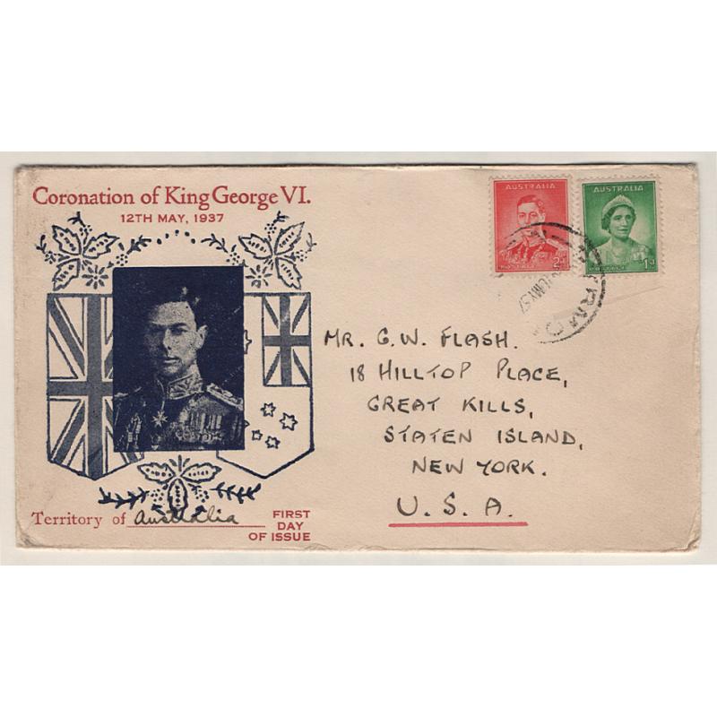 (KB15159) AUSTRALIA · 1935: cacheted FDC with 1d QE & 2d KGVI defins postally used to USA · some minor peripheral wear · I have seen other examples of this FDC with the NEW GUINEA or PAPUA Coronation issues · publisher not identified