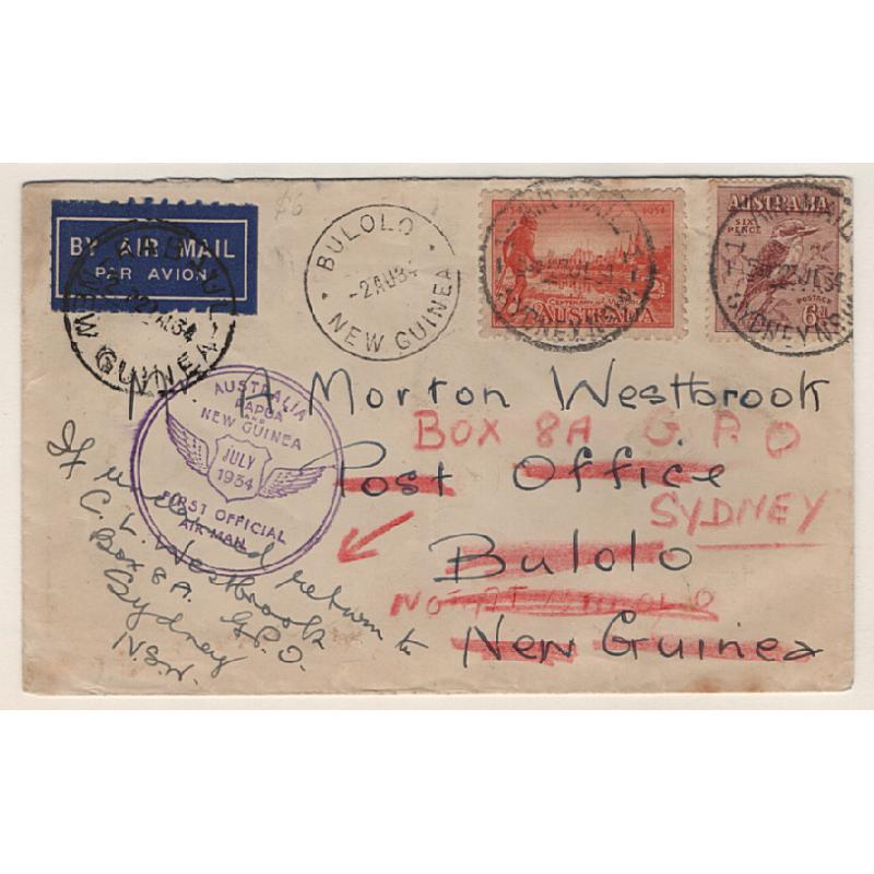 (KB15162) AUSTRALIA · 1934: cover carried on the first official air mail service to New Guinea AAMC #391 · returned to sender by regular mail · light bend o/wise in excellent condition · c.v. AU$40