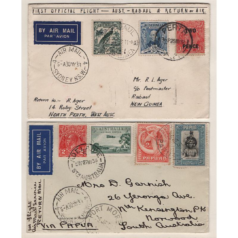 (KB15164) AUSTRALIA · 1938: 'pair' of 'boomerang' covers carried on 1st flight by Carpenter Airlines Sydney/Port Moresby and Sydney/Rabaul respectively AAMC #812 · see description · total c.v. AU$100 (2)