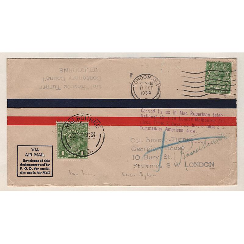 (KB15170) AUSTRALIA · 1934: cover carried on the "Warner Bros. Comet" in the England/Australia MacRobertson Air Race flown by Roscoe Turner & Clyde Pangborn AAMC #434 · nice condition · c.v. AU$100